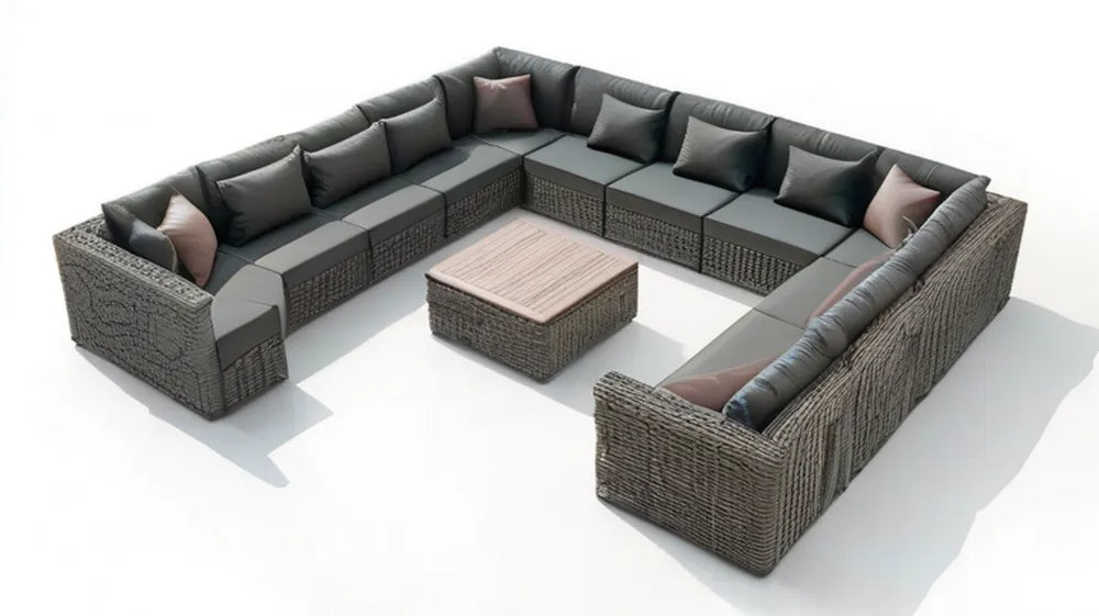 Modułowy zestaw wypoczynkowy 12-osobowy w kształcie U 360 x 300 x 78 cm, szary i grafitowy z jasnoróżowymi poduszkami