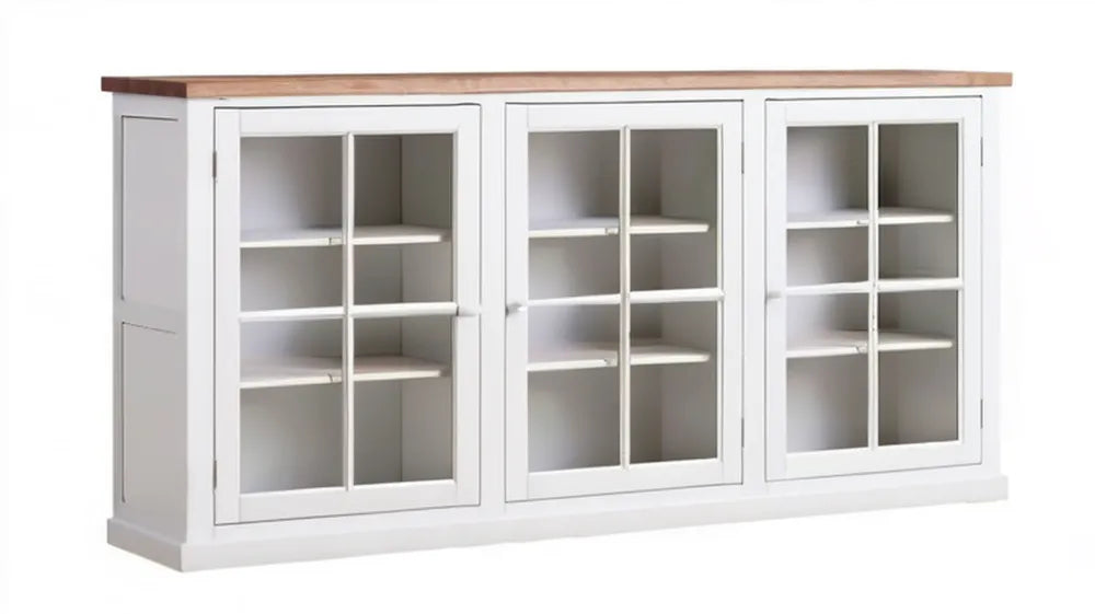 Biały kredens trzyskrzydłowy z przeszklonymi drzwiami i sosnowym blatem 150 x 40 x 90 cm