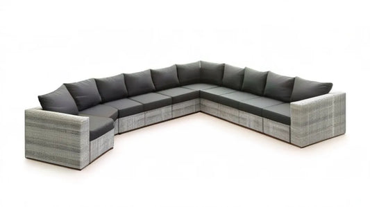 Modułowy narożnik ogrodowy w kształcie L z plecionki PE, szary/antracytowy, 300 x 230 x 70 cm