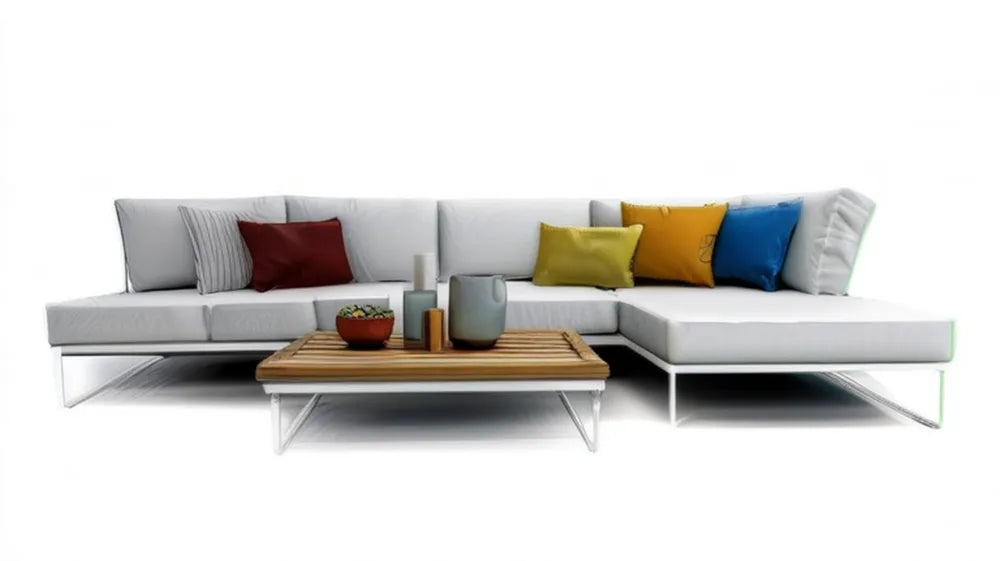 Aluminiowy narożnik ogrodowy w kształcie L, biały, 300 × 230 cm, ze stolikiem teakowym 120 × 70 cm