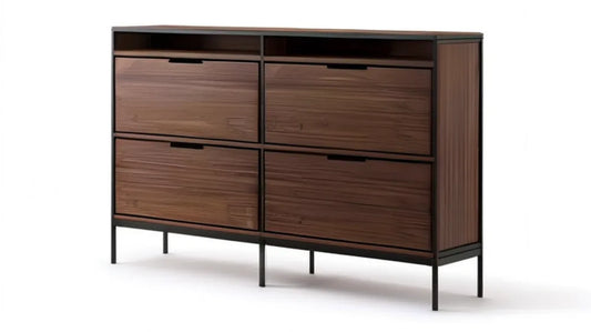 Szafka na buty z MDF w kolorze ciemnego orzecha i czerni, 120 x 35 x 105 cm, 4 uchylne schowki