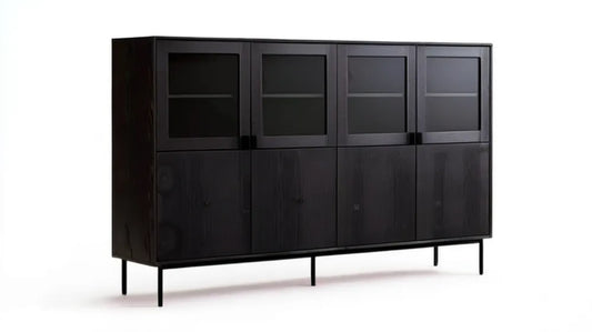 Czarny kredens z litego drewna sosnowego i szkła hartowanego 180 x 45 x 140 cm