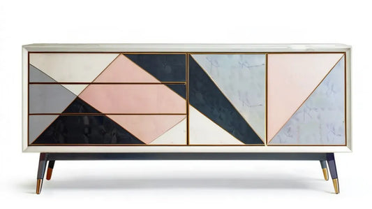 Kredens MDF z geometrycznymi frontami biały/czarny/różowy/szary/złoty 160 x 40 x 80 cm