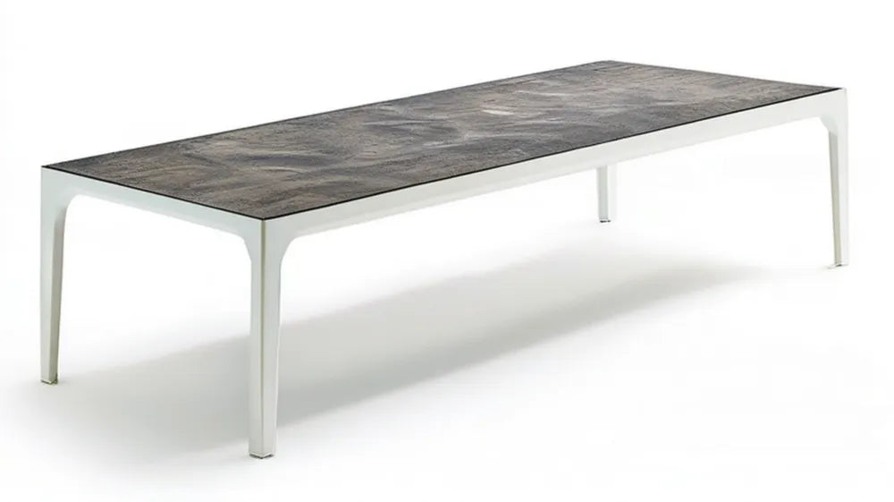 Prostokątny stół ogrodowy z aluminium z ceramicznym blatem, biało-szary, 200 x 100 x 75 cm