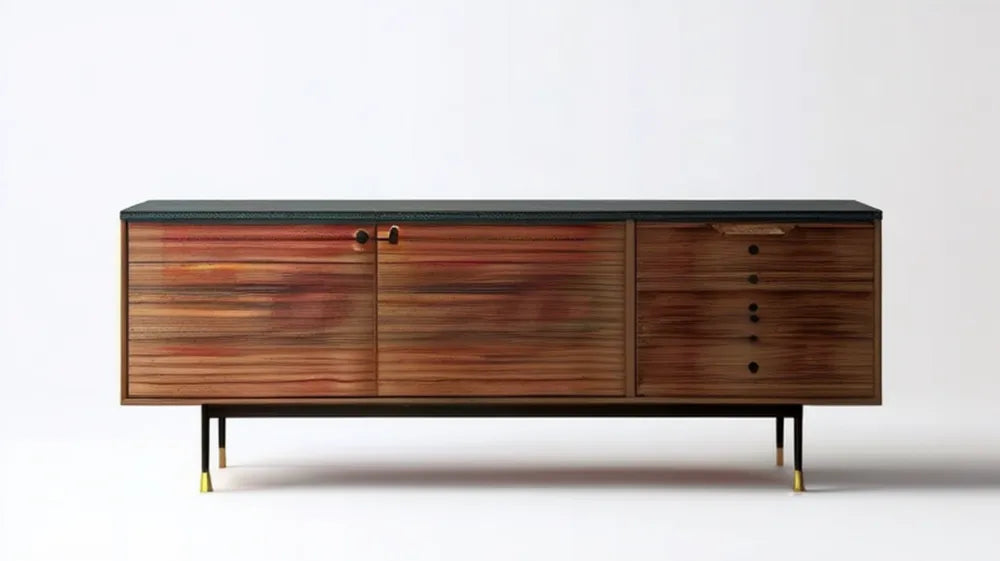 Prostokątny kredens modernistyczny z fornirem brązowym, czarnym blatem i złotymi akcentami 180 x 45 x 75 cm