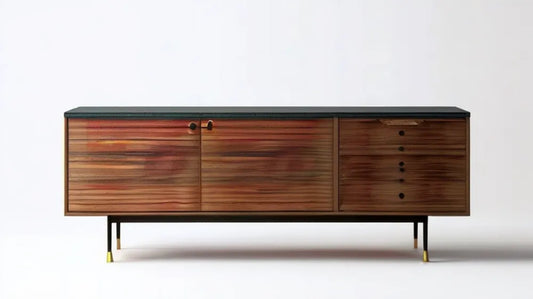 Prostokątny kredens modernistyczny z fornirem brązowym, czarnym blatem i złotymi akcentami 180 x 45 x 75 cm