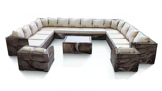 Modułowy zestaw wypoczynkowy w kształcie U z technorattanu 420 x 300 x 80 cm Brązowy/Kremowy