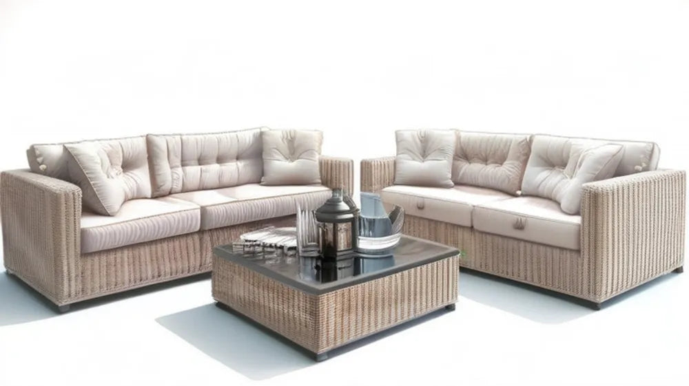 6-osobowy zestaw wypoczynkowy z technorattanu ze stolikiem, beżowo-kremowo-czarny, sofy 210 x 80 x 75 cm, stolik 110 x 60 x 45 cm
