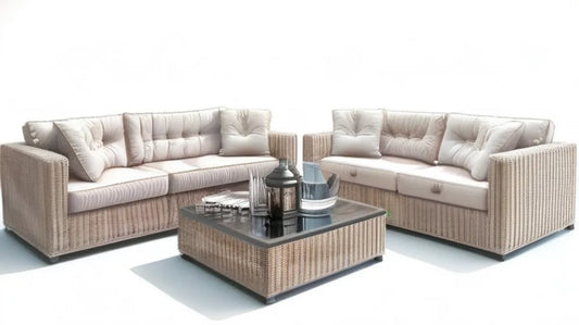 6-osobowy zestaw wypoczynkowy z technorattanu ze stolikiem, beżowo-kremowo-czarny, sofy 210 x 80 x 75 cm, stolik 110 x 60 x 45 cm