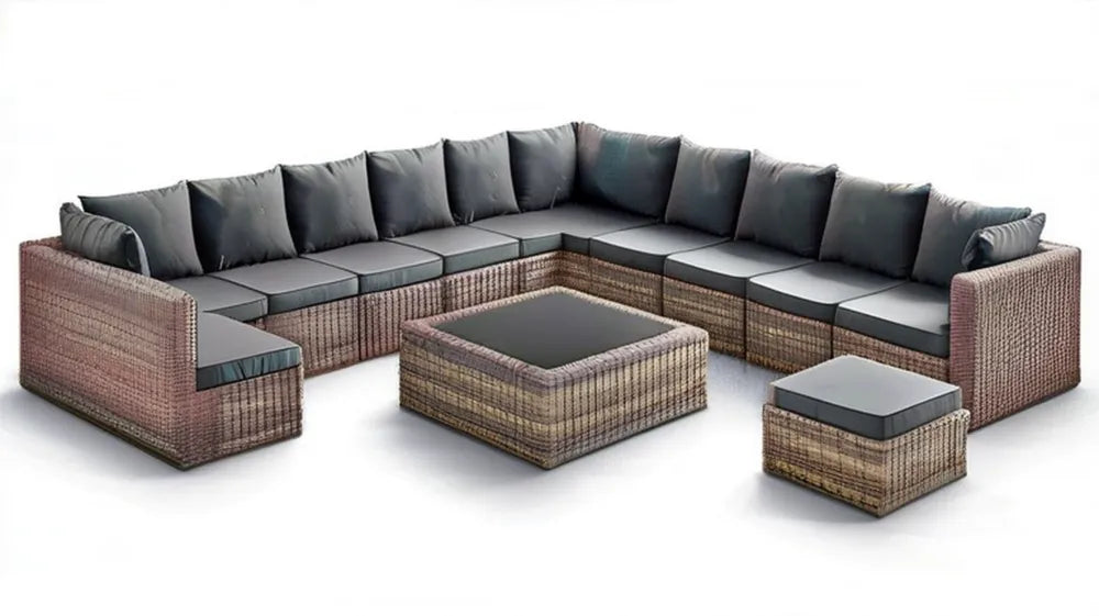 Modułowy zestaw wypoczynkowy w kształcie U z technorattanu 350 x 260 x 70 cm ze stolikiem i pufem, szarobrązowy/ciemnoszary/czarny