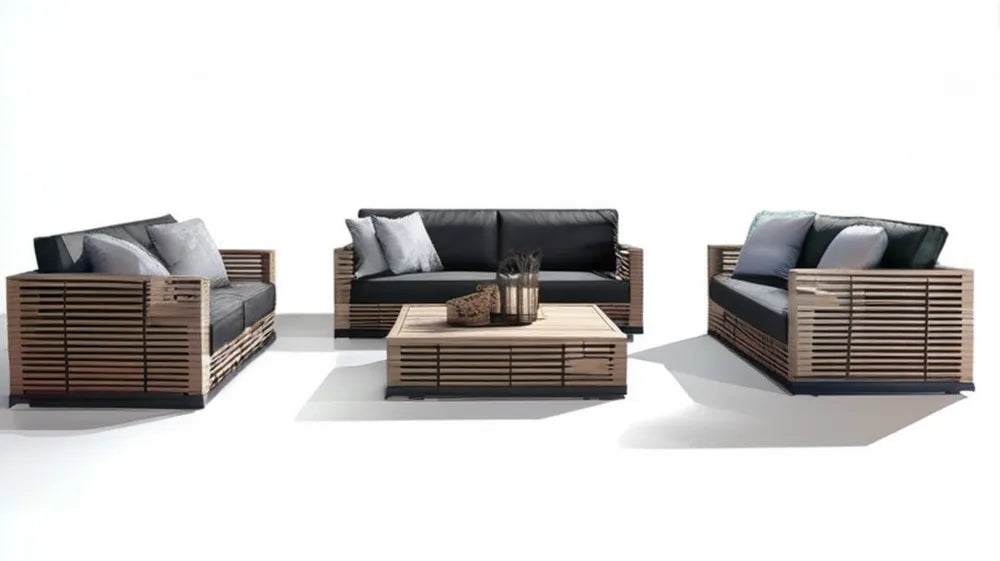 Ogrodowy zestaw z litego drewna akacjowego brązowo-czarno-szary: sofa 3-osobowa, 2 fotele i stolik 120 × 70 cm
