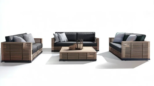 Ogrodowy zestaw z litego drewna akacjowego brązowo-czarno-szary: sofa 3-osobowa, 2 fotele i stolik 120 × 70 cm