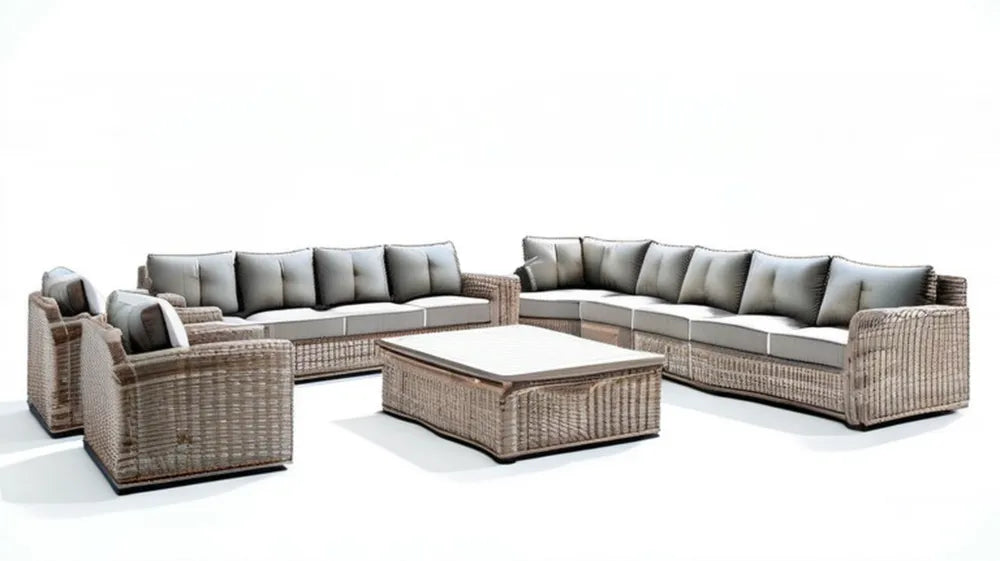 Meble ogrodowe z technorattanu PE, jasnoszare/szare, 2 sofy 210 × 85 × 78 cm, 2 fotele, stolik 120 × 70 × 45 cm
