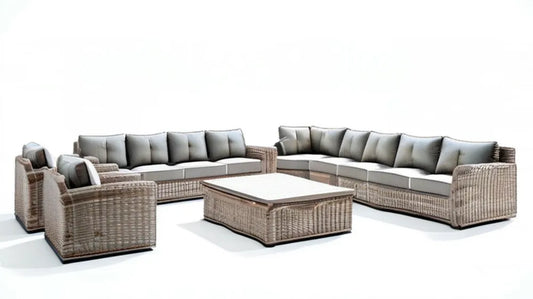 Meble ogrodowe z technorattanu PE, jasnoszare/szare, 2 sofy 210 × 85 × 78 cm, 2 fotele, stolik 120 × 70 × 45 cm