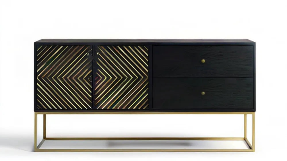 Czarny kredens MDF ze złotą stalową ramą, 160 x 40 x 85 cm