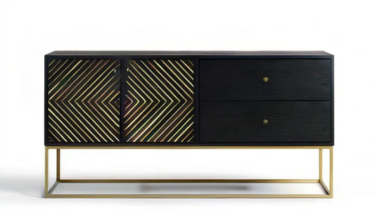 Czarny kredens MDF ze złotą stalową ramą, 160 x 40 x 85 cm