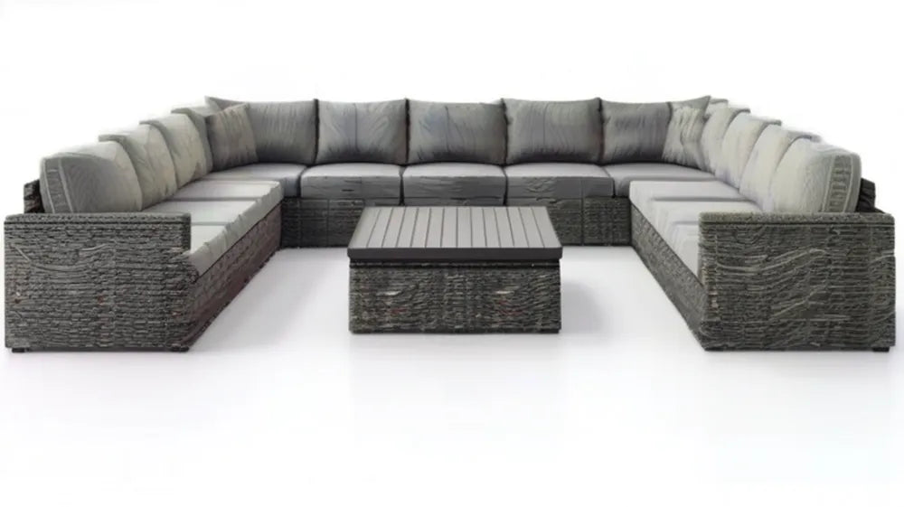 Modułowy zestaw ogrodowy z technorattanu w kształcie U ze stolikiem, grafitowy/jasnoszary, 360 × 250 × 75 cm
