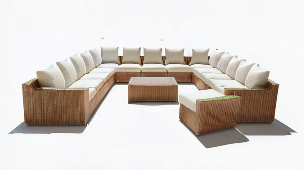 Modułowy zestaw wypoczynkowy ogrodowy w kształcie U z technorattanu, brązowo-kremowy, 500 × 360 × 75 cm, 11 elementów