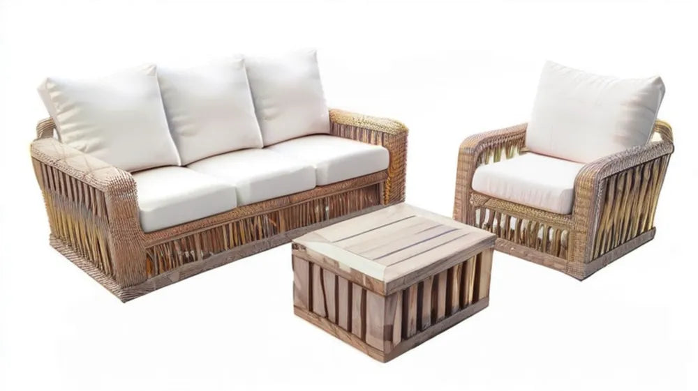 Zestaw ogrodowy z naturalnego rattanu: sofa 3-osobowa 200 x 80 x 75 cm, fotel 90 x 80 x 75 cm i stolik 100 x 60 x 45 cm, beżowo-brązowy