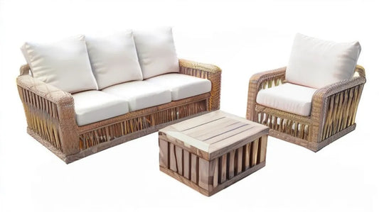 Zestaw ogrodowy z naturalnego rattanu: sofa 3-osobowa 200 x 80 x 75 cm, fotel 90 x 80 x 75 cm i stolik 100 x 60 x 45 cm, beżowo-brązowy